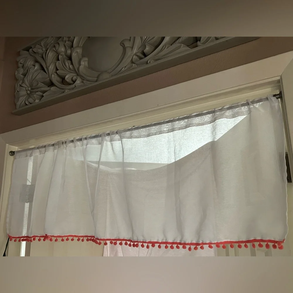 Cafe Curtain Window Valance Sheer with Pom Poms BOHO Nursery Toddler Room Decor
